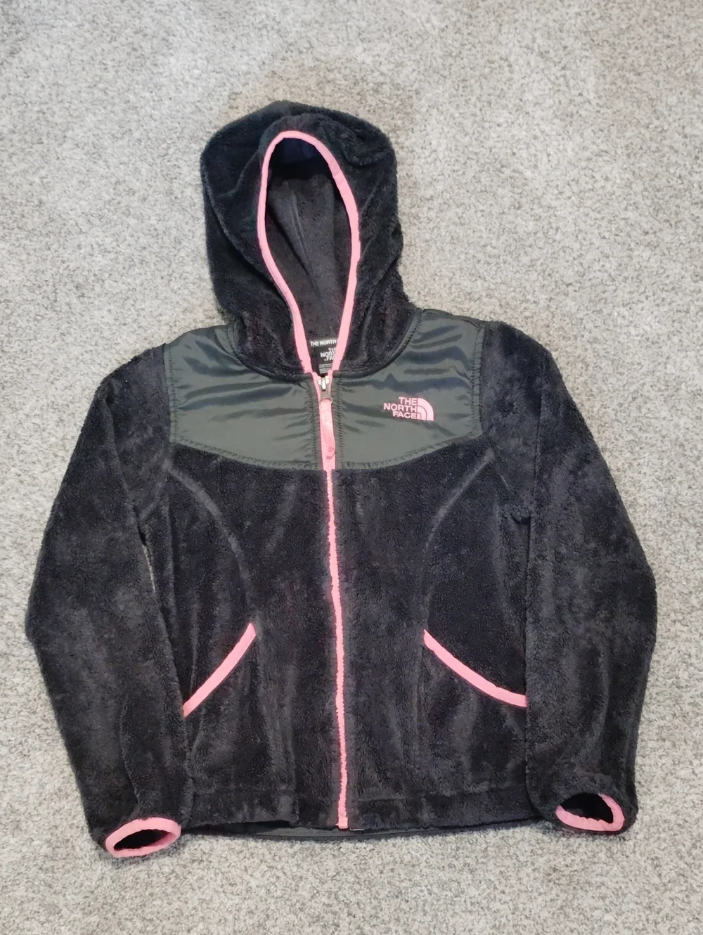 The North Face Black Fuzzy Hooded Puffer Jacket with Pink Trim